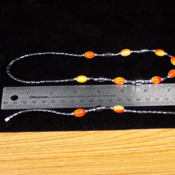 Vintage Hematite Necklace Orange Stones Barrel Clasp Matching Bracelet Set - Picture 7 of 7